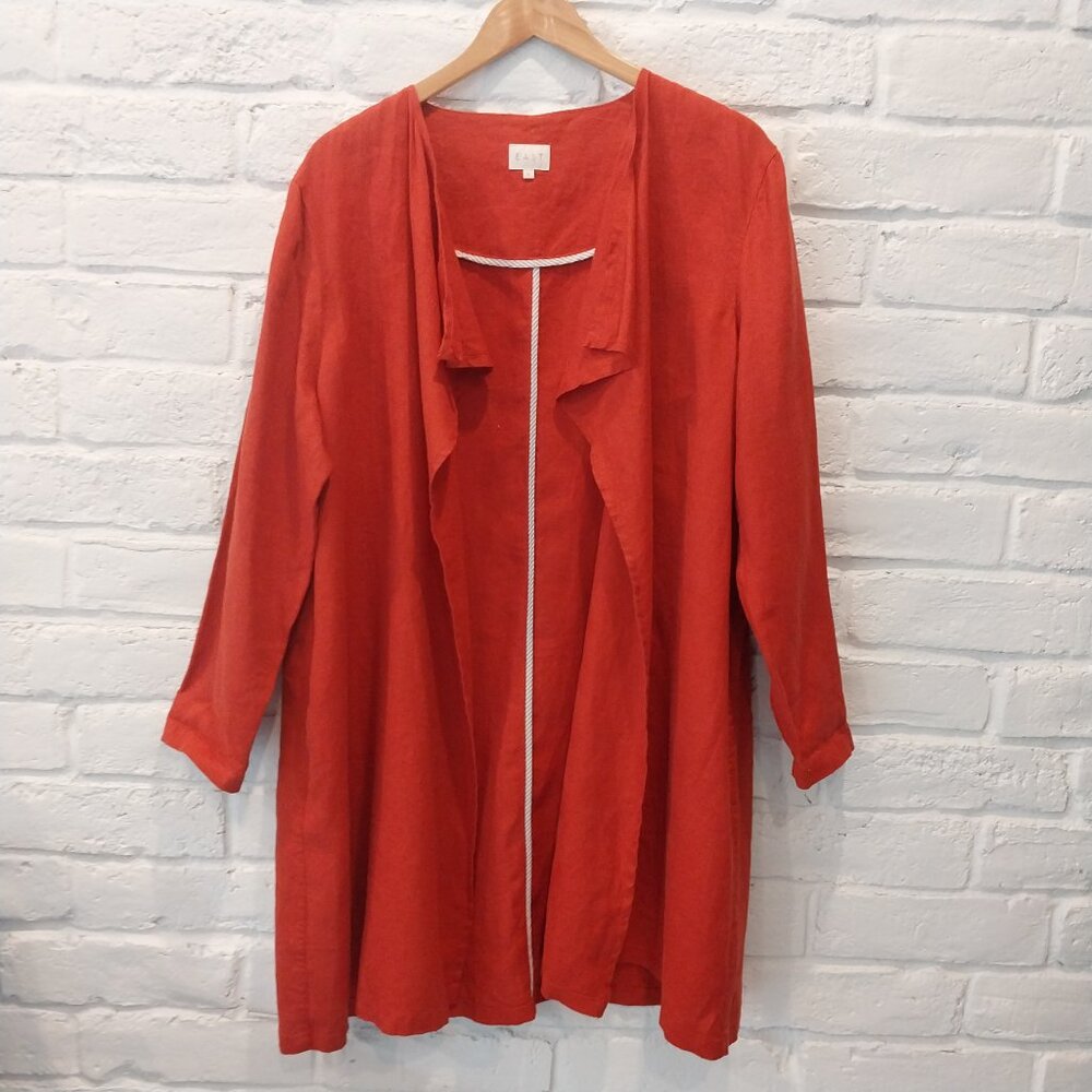 EAST 100% Linen Long Cardigan Women XL Rust Red Terracotta Coral Pockets Unlined